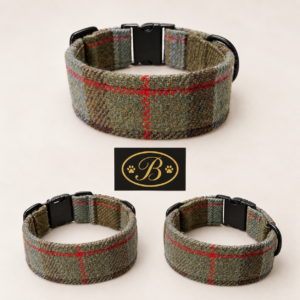 Handgefertigtes Harry´s Tweed Style Halsband aus hochwertigem Tweedstoff mit schwarzem Verschluss und D-Ringen.